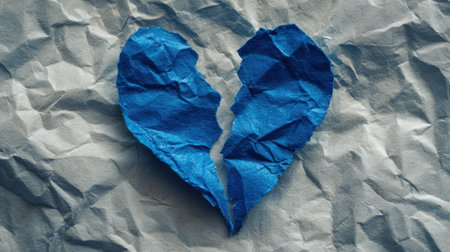 A striking blue heart shape is cut out from a piece of crumpled paper, showing a torn visual that represents love and heartbreak. The texture adds depth and emotion to the design.の素材
