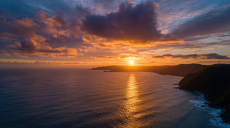 The sun sets over the ocean, casting warm hues across the sky and water. Soft waves gently lap at the shoreline, creating a serene atmosphere at dusk.の素材