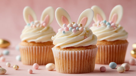 Delightful cupcakes topped with creamy frosting, bunny ears, and pastel candies create a joyful scene for spring celebrations or festive gatherings, celebrating the season.の素材