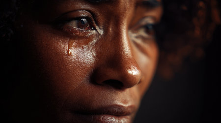 A woman gazes thoughtfully, a single tear rolling down her cheek. Her expression reveals intense feelings, set against a softly lit background that enhances her features.の素材