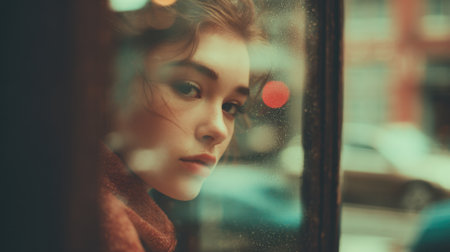 A young woman sits by a rain-drenched window, her expression contemplative as she watches the city streets. The afternoon light creates a soft, moody atmosphere.の素材