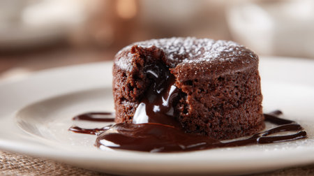Delicious chocolate lava cake with a gooey center sits on a white plate. The dessert is drizzled with rich chocolate sauce, creating an inviting and warm atmosphere in a cafe.の素材
