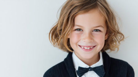 A young boy with curly hair smiles brightly while wearing a black suit jacket and white shirt with a bow tie. The background is plain, emphasizing his cheerful expression.の素材