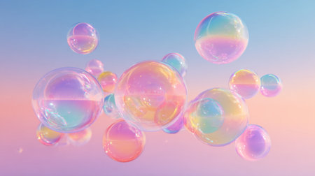 A bunch of colorful bubbles floating in the air. The bubbles are of different colors and sizes, creating a vibrant and playful atmosphere. Concept of joy and wonder, as if the bubbles are dancingの素材