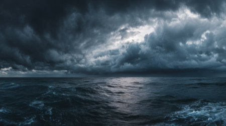 Dark clouds fill the sky above a turbulent ocean, creating a dramatic scene at twilight. Waves crash against each other, showcasing nature's powerful forces and rich textures.の素材