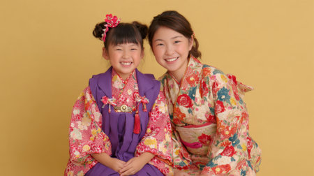 A joyful moment captured as a mother and her daughter wear colorful kimonos. Their bright smiles shine against a cheerful yellow backdrop, showcasing their bond.の素材