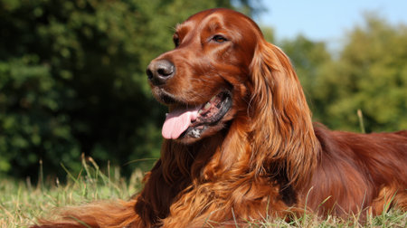 An Irish Setter enjoys a sunny afternoon in a park, laying on the grass with a joyful expression. The lush trees provide a beautiful backdrop, creating a peaceful atmosphere for relaxation.の素材