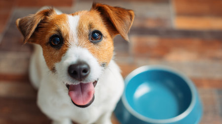 A cheerful dog sits in a home, looking up with a big smile while its empty bowl sits nearby. The cozy wooden floor adds warmth to the setting and highlights the dog's playful nature.の素材