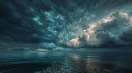 Dark storm clouds loom over the serene ocean as the sun sets, casting unique reflections on the water's surface. The atmosphere feels intense and foreboding.の素材