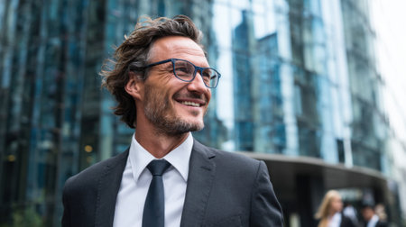 A man in a suit and glasses smiles while walking in a busy city area. The background features contemporary glass structures, reflecting the bright sunlight.の素材