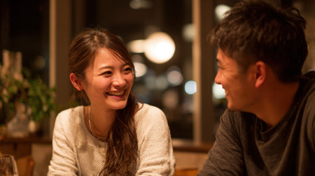 A happy couple sits across from each other at a dimly lit restaurant, engaged in a lively conversation while enjoying each other's company. The atmosphere is warm and inviting.の素材