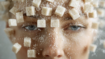 A woman stands with sugar cubes arranged on her forehead and around her face, creating a striking visual effect. She stars ahead with captivating blue eyes, engaged in a unique artistic expression.の素材