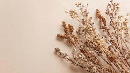 A collection of dried flowers is elegantly displayed against a soft, neutral backdrop. The earthy tones create a serene and organic atmosphere suited for home decor.の素材
