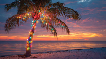 A beautiful palm tree decorated with vibrant lights stands on a quiet beach. The sun sets in the background, creating a serene atmosphere with colorful skies and calm waters.の素材