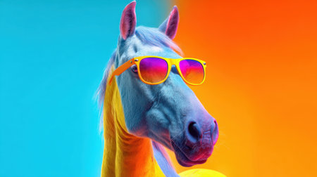 A horse with a striking white coat wears bold sunglasses. The background features bright orange and blue hues, creating a fun and artistic atmosphere perfect for a whimsical scene.の素材