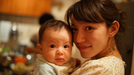 A mother cradles her baby in a warm kitchen setting while family members prepare food and socialize in the background during a casual evening gathering.の素材