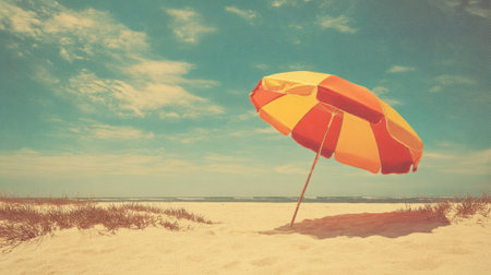A vibrant yellow and orange striped umbrella sits on a quiet beach, casting a shadow on the sand. Waves gently lap against the shore on a sunny day.の素材