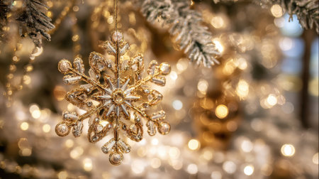 A gold snowflake ornament hangs from a tree. The snowflake is surrounded by a lot of light, which creates a warm and cozy atmosphereの素材