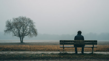 A solitary man sits on a bench in a misty field, surrounded by tall grass and a single tree. The atmosphere conveys tranquility and contemplation on a quiet morning.の素材