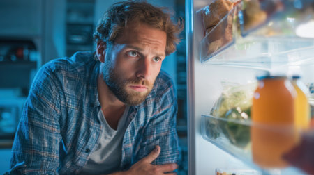 A man sits in front of an open refrigerator late at night, looking thoughtful as he decides on a snack. The kitchen is dimly lit, creating a cozy atmosphere.の素材