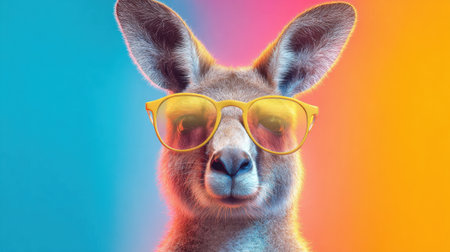 A cartoon kangaroo wearing sunglasses and a yellow hat. The kangaroo is smiling and looking at the cameraの素材