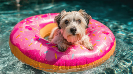 A small dog enjoys a sunny day, floating on a pink donut-shaped flotation ring in a sparkling swimming pool. The vibrant colors enhance the cheerful summer vibe.の素材