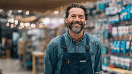 A smiling man dressed in a denim shirt and overalls stands in a lively hardware store. Shelves are stocked with various tools and supplies. His friendly demeanor adds to the welcoming atmosphere.の素材