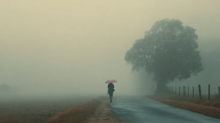 A solitary figure walks along a narrow road while holding an umbrella. The surroundings are shrouded in thick fog, creating a tranquil and mysterious atmosphere. A large tree stands nearby.の素材