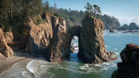 Waves crash against towering rock formations on a beautiful beach surrounded by lush trees. The scene captures the calmness of nature in a picturesque coastal setting.の素材