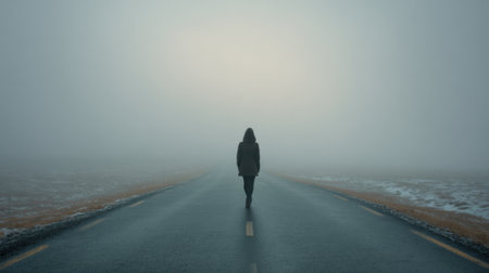 A figure walks down a deserted road shrouded in thick fog. The surroundings are quiet and still, creating a serene yet eerie atmosphere. The landscape appears remote and untouched.の素材