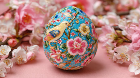 A beautifully painted decorative egg sits in the center, surrounded by delicate pink cherry blossom flowers. The vibrant colors and details capture the essence of spring, celebrating nature.の素材