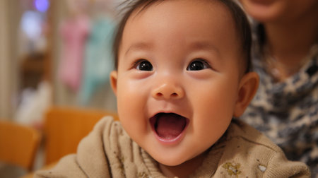 A joyful baby with bright eyes and a big smile sits at a table, surrounded by family. The warm atmosphere emphasizes the happiness of the moment.の素材
