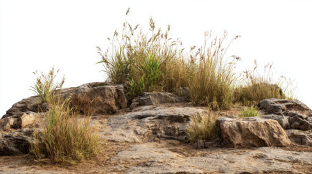 A rocky formation is covered with wild grasses and plants, creating a natural scene. The bright sky above enhances the tranquil outdoor atmosphere of this rocky terrain.の素材