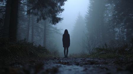 In a dense, foggy forest at dusk, a solitary figure stands quietly on a muddy path. Tall trees surround the scene, creating a ghostly atmosphere of isolation and mystery.の素材