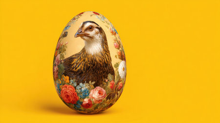 A beautifully decorated egg displays a detailed bird surrounded by vibrant flowers. This art piece showcases skillful craftsmanship and creativity against a cheerful yellow backdrop.の素材