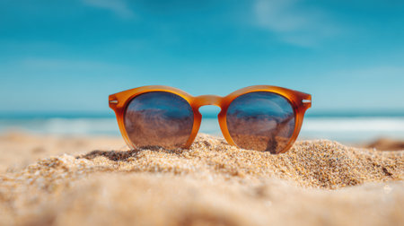Sunglasses sit on soft golden sand, reflecting sunlight and the clear blue sky above. Gentle waves can be seen in the background, creating a relaxing beach atmosphere.の素材