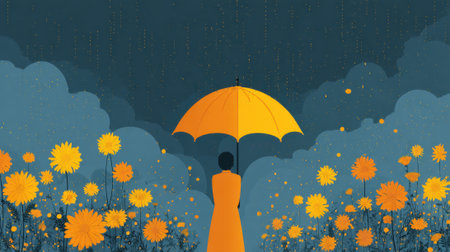 A person holds a yellow umbrella while standing in a vibrant field filled with orange and yellow flowers on a rainy day. The dark sky adds contrast to the bright scene.の素材