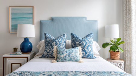 A bed with a blue headboard and white pillows. The bed is surrounded by lamps and a potted plant. The room has a calm and relaxing atmosphereの素材