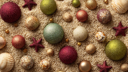 Brightly colored ornaments and seashells are spread out on a sandy surface, creating a festive beach-themed display. Starfish and shiny balls add charm to the arrangement.の素材