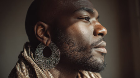 A man stands in soft light with a contemplative expression, highlighting his large round earring and unique facial features. The serene atmosphere enhances his profile.の素材