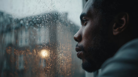 A man is looking thoughtfully out a window as rain streams down the glass. The warm glow from a nearby light reflects in the droplets, creating a cozy yet reflective atmosphere.の素材