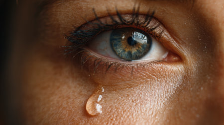 A close view of a person's eye reveals a single tear rolling down their cheek. The expression reflects deep emotion, with the eye displaying vibrant colors and intricate details.の素材