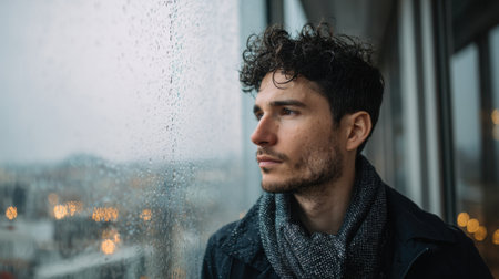 A young man with curly hair looks pensively out of a window on a rainy day. The city skyline is visible through the droplets on the glass, creating a reflective mood.の素材