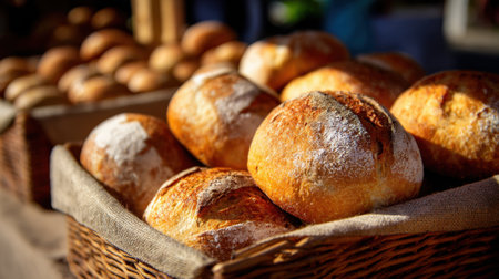 A basket of bread with a white crust. The bread is in a basket and is ready to be eatenの素材