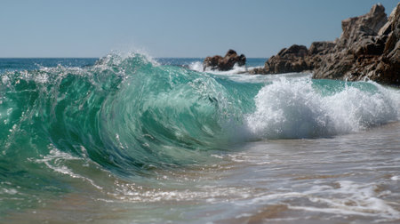 Turquoise waves crash onto a sandy beach near rugged rocks under a clear blue sky. Sunlight sparkles on the water in this coastal paradise.の素材