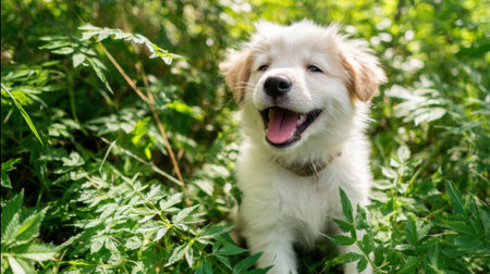 A playful puppy sits in a vibrant garden filled with green leaves. It has a joyful expression, showing its excitement and happiness during a sunny day outdoors.の素材