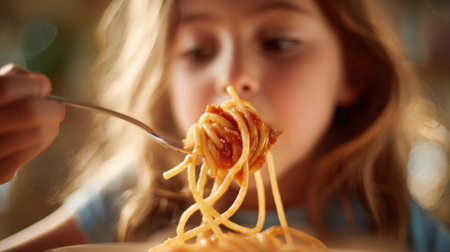 A young girl takes a bite of spaghetti with tomato sauce, showing excitement and joy while sitting at a table in a warm, inviting kitchen. It is dinner time and she is focused on her meal.の素材