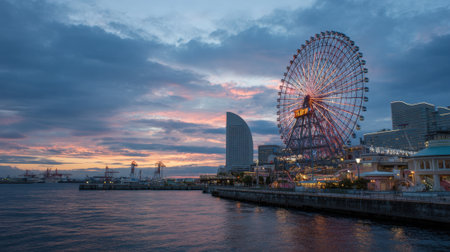 At sunset, the sky is painted with hues of orange and blue above the Yokohama waterfront. A giant ferris wheel stands tall, surrounded by the city skyline.の素材