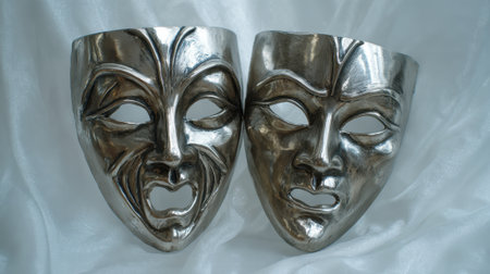Two silver masks are displayed side by side, representing the classic theater themes of comedy and tragedy. The masks capture a striking design and shine brightly under soft light.の素材