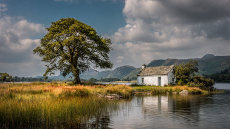 A quaint white cottage sits by the tranquil lake, framed by a large tree and rolling hills. The sky is partly cloudy, creating a serene and peaceful atmosphere.の素材